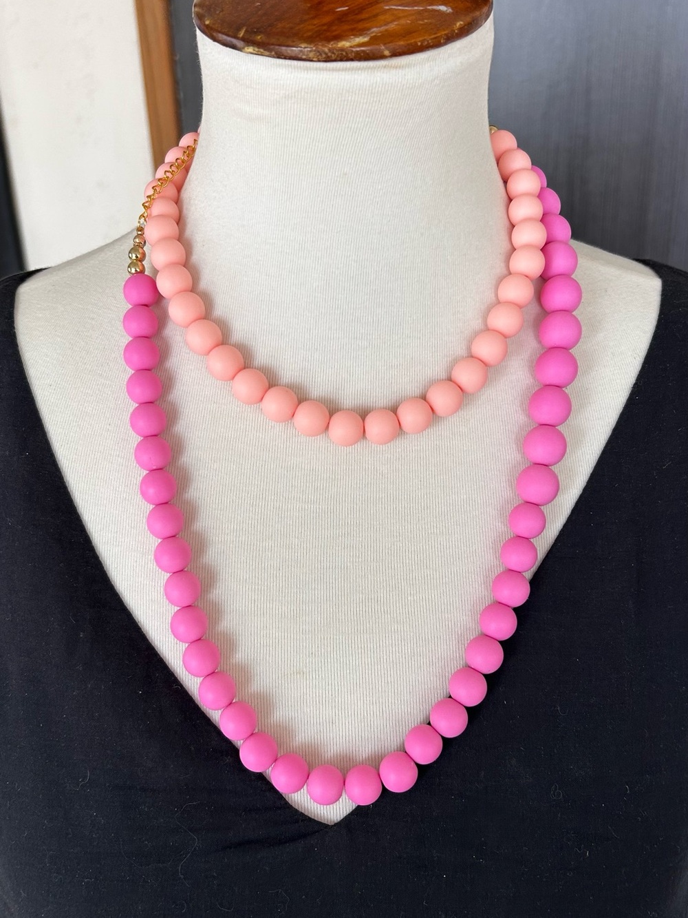 Pink Double-Strand Beaded Necklace – Two-Tone Layered Look with Gold-Tone
